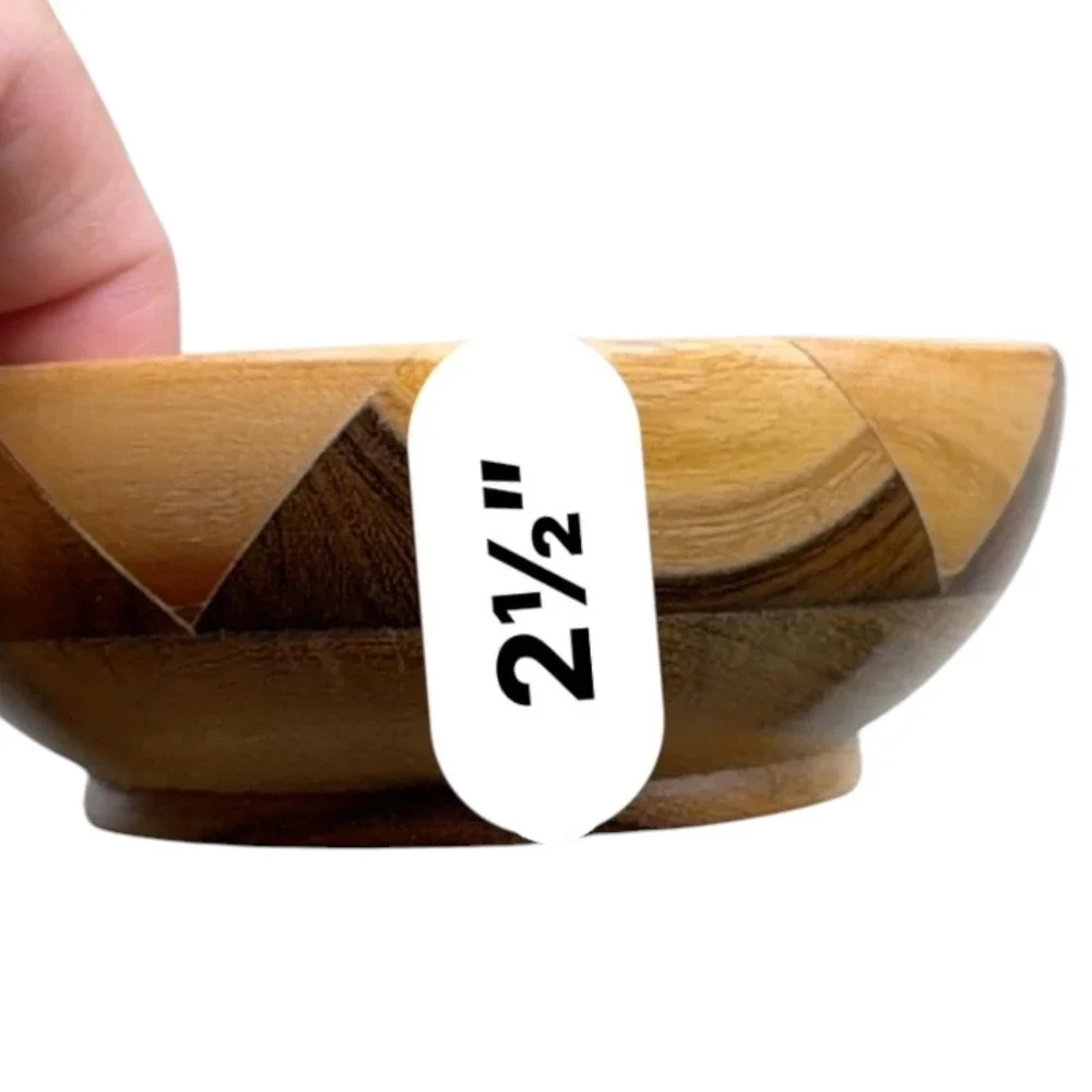 Vintage Patchwork Inlay Wood Bowl Geometric Mixed Tone Natural Wood Decor 5 Inch